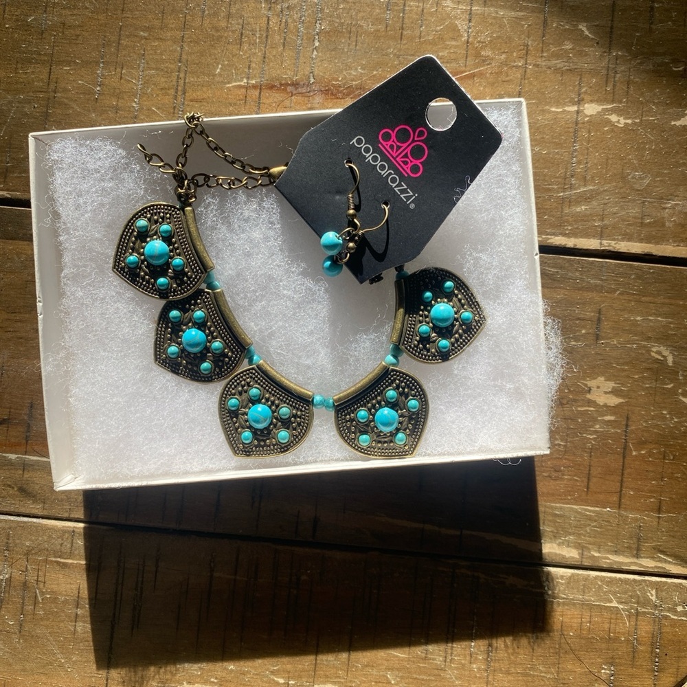 Paparazzi Turquoise and Brass Necklace Set